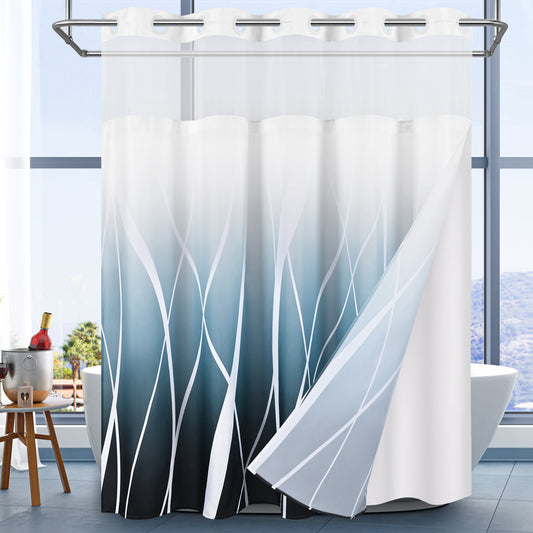 Ikfashoni No Hook Shower Curtain with Snap in Liner, Navy Strip Ombre Hookless Waterproof Bath Curtain, 71"X74"