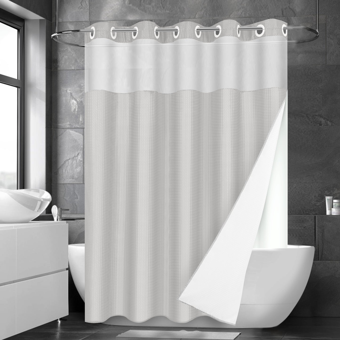 Ikfashoni Hookless Shower Curtain with Snap in Liner,Cream Waffle Weave Waterproof Fabric Mesh Window Bathroom Curtain,36"X74"