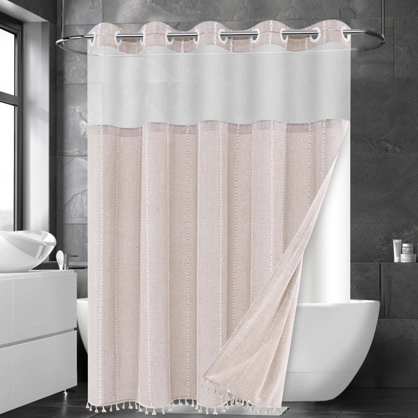 Ikfashoni No Hook Shower Curtain with Snap in Liner,Cotton Linen Fabric Hookless Waterproof Bath Curtain, 71"X74"