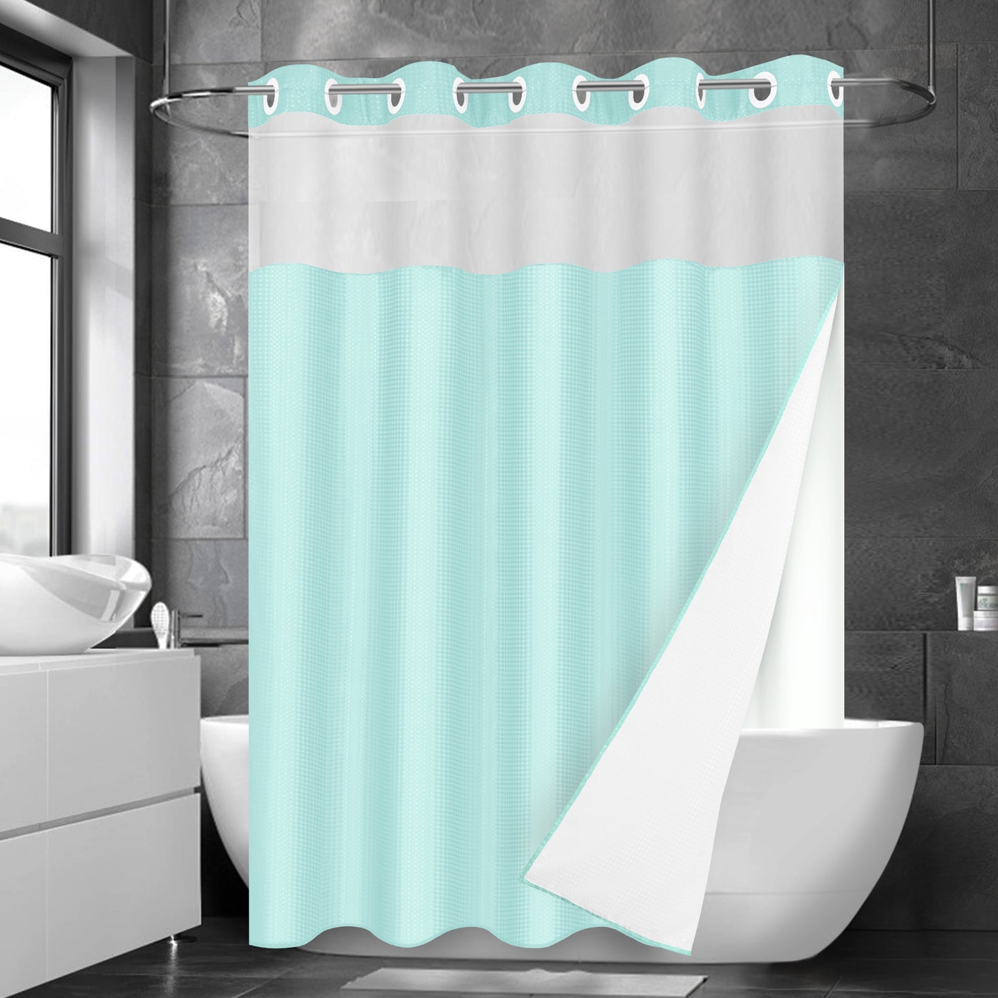 Ikfashoni Hookless Shower Curtain with Snap in Liner,Cream Waffle Weave Waterproof Fabric Mesh Window Bathroom Curtain,36"X74"