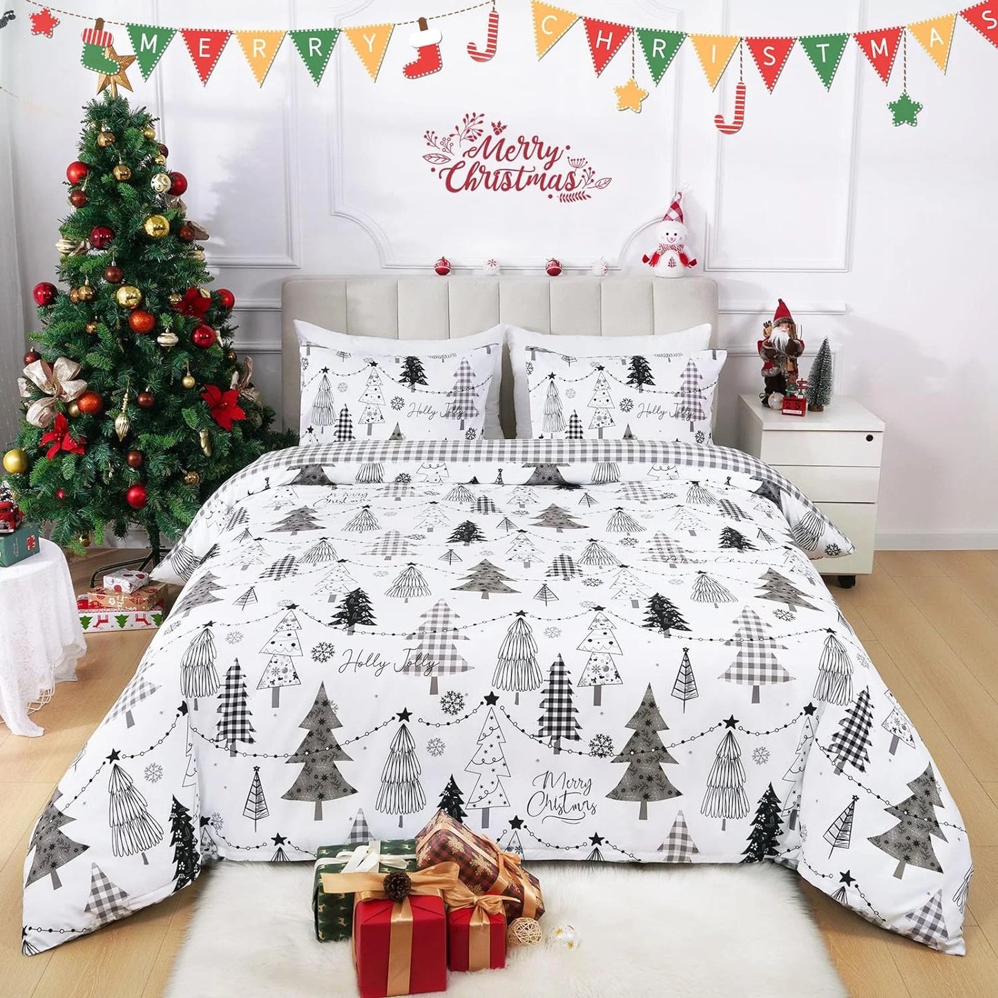 BLEUM CADE 3 Pieces Christmas Duvet Cover Set,Queen Size Christmas Tree Lightweight Comforter Cover Set,Reversible Christmas Snowflake Bedding Cover Quilt Set