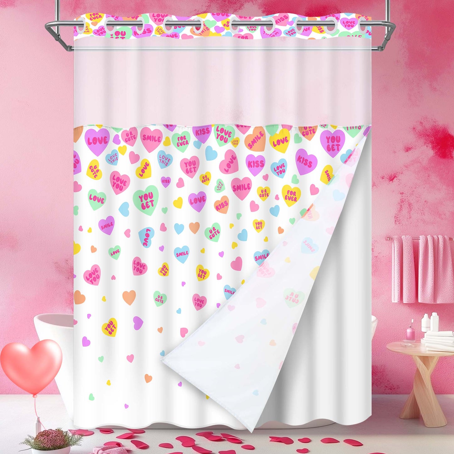 Ikfashoni Hookless Shower Curtain with Snap in Liner, Pink No Hook Waterproof Fabric Sheer Window Bath Curtain, 71"X74"