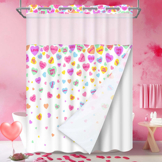 Ikfashoni Hookless Shower Curtain with Snap in Liner, Pink No Hook Waterproof Fabric Sheer Window Bath Curtain, 71"X74"
