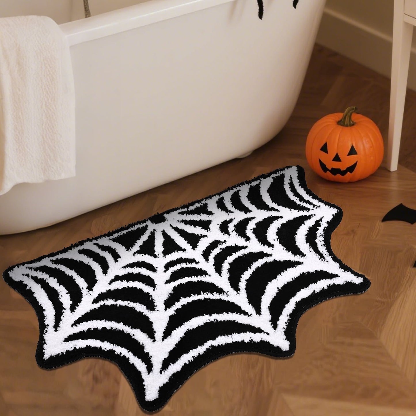 Ikfashoni Halloween Bathroom Rug,Black Cobweb Bath Mat,Extra Soft Fluffy Absorbent Non-slip Bath Rug,20"x31"