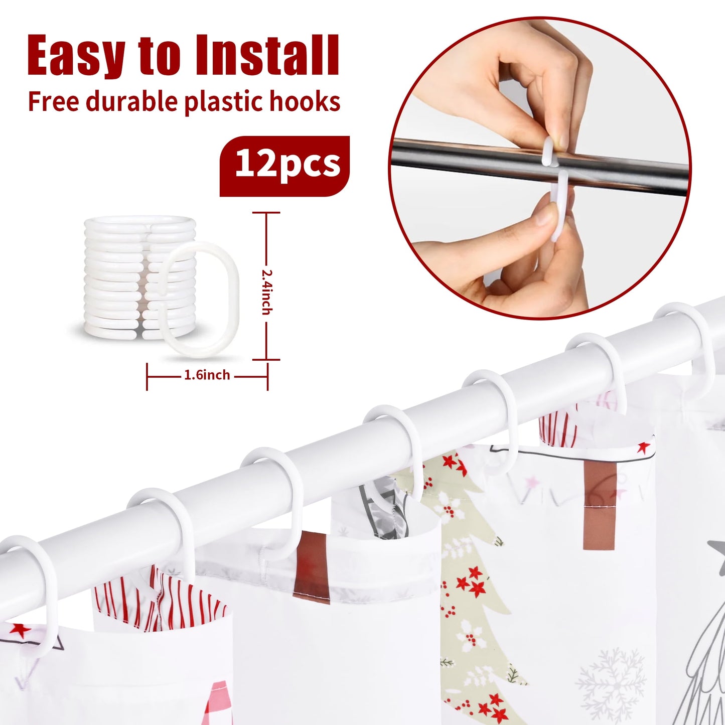 Ikfashoni Christmas Tree Shower Curtain with Hooks, Red Waterproof Bathroom Curtains, 72"X72"