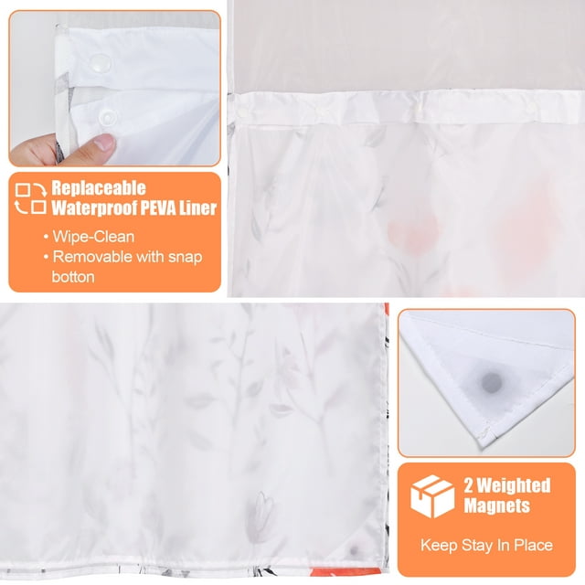 Ikfashoni Hookless Shower Curtain with Snap in Liner,Orange Floral Waterproof Fabric Mesh Window Bath Curtain,71"X74"