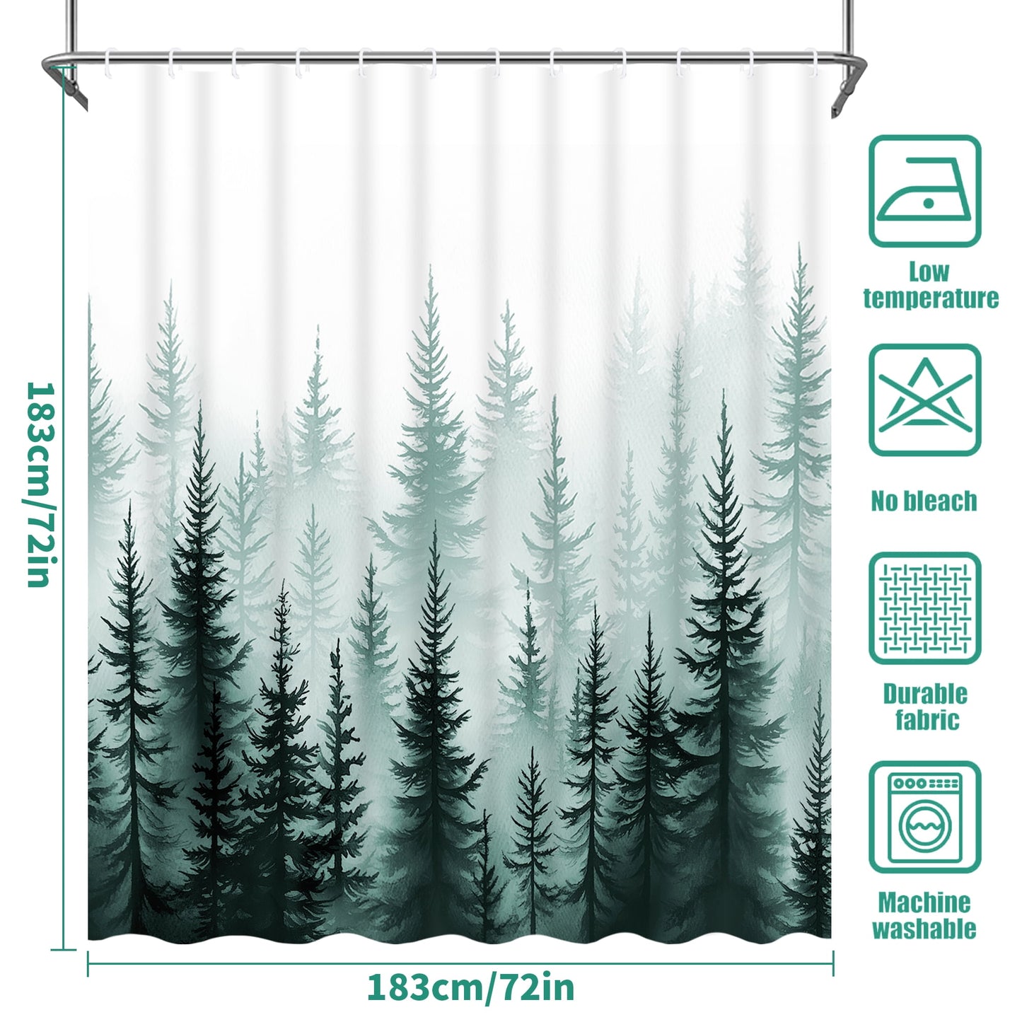 Ikfashoni Green Forests Shower Curtain with Hooks, 13pc Waterproof Fabric Bath Curtain, 72"X72"