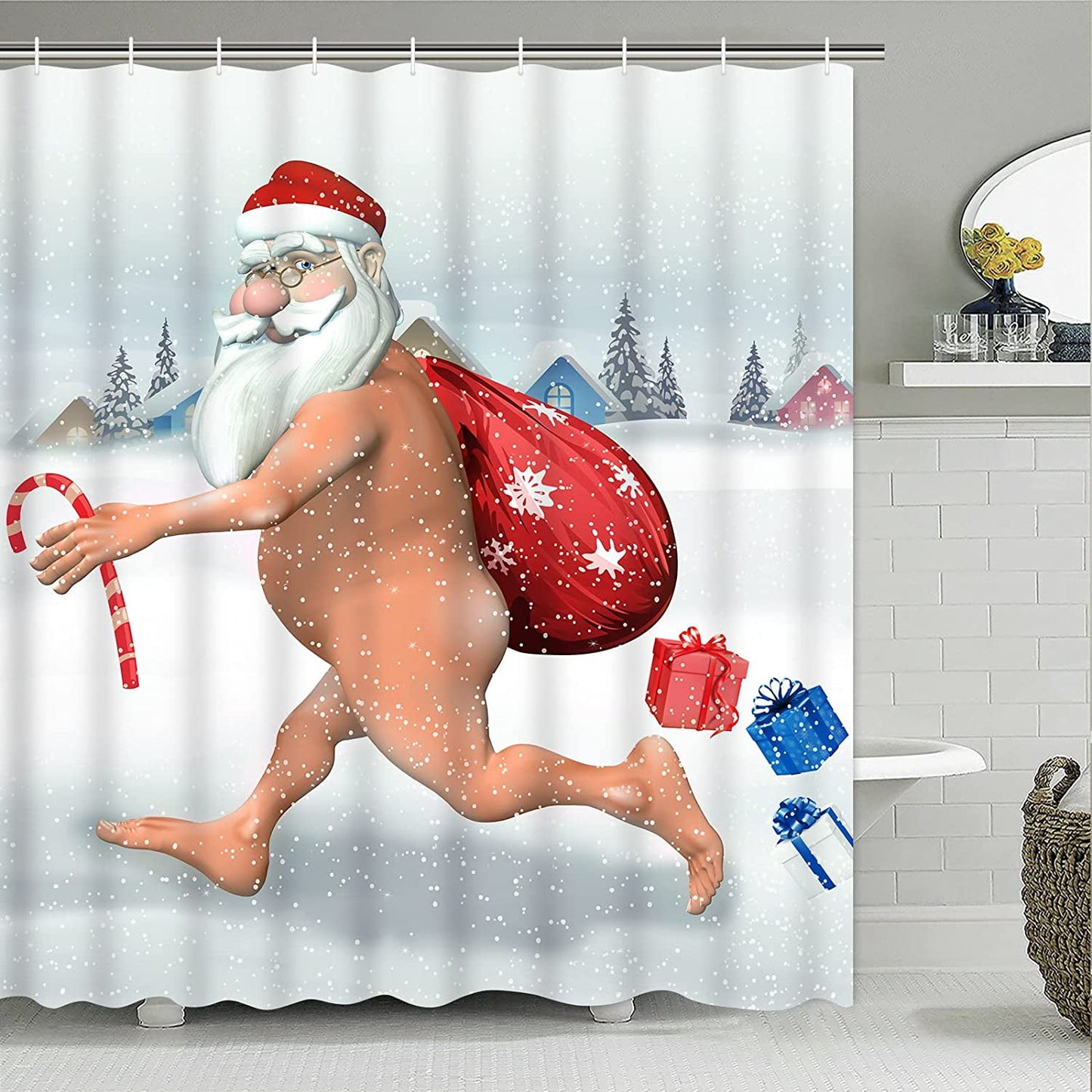 Ikfashoni Christmas Shower Curtain, Runaway Santa Waterproof Fabric Holiday Shower Curtains, 70"X69"