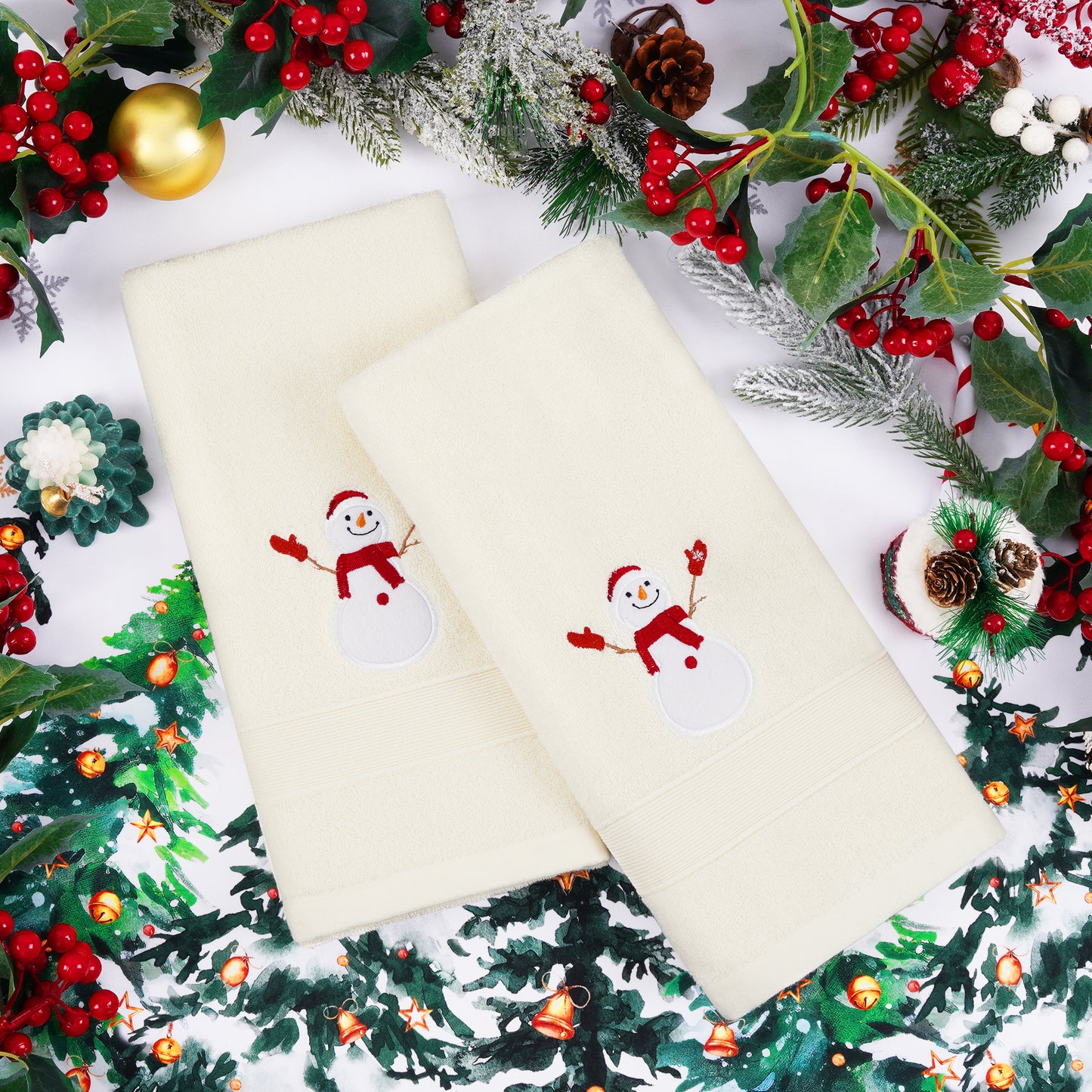 Ikfashoni 2 Pack Christmas Hand Towel for Bathroom,Embroidered Christmas Tree Red Scroll Cotton Towels