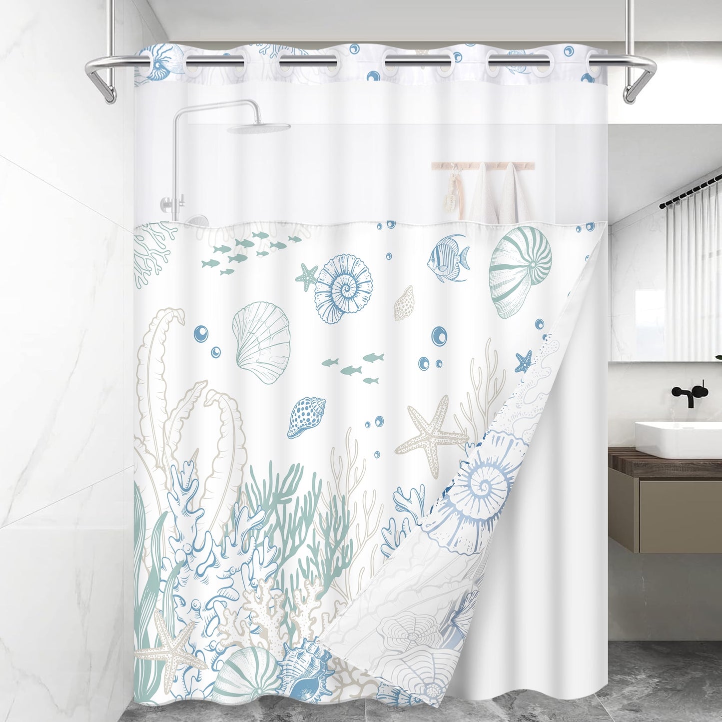 Ikfashoni Hookless Shower Curtain with Snap in Liner, Blue Ocean No Hook Waterproof Bath Curtain, 71"X74"