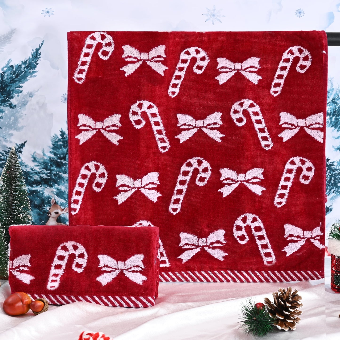 Ikfashoni 2 Pack Red Bow Christmas Hand Towel for Bathroom,Embroidered Christmas Scroll Cotton Towels