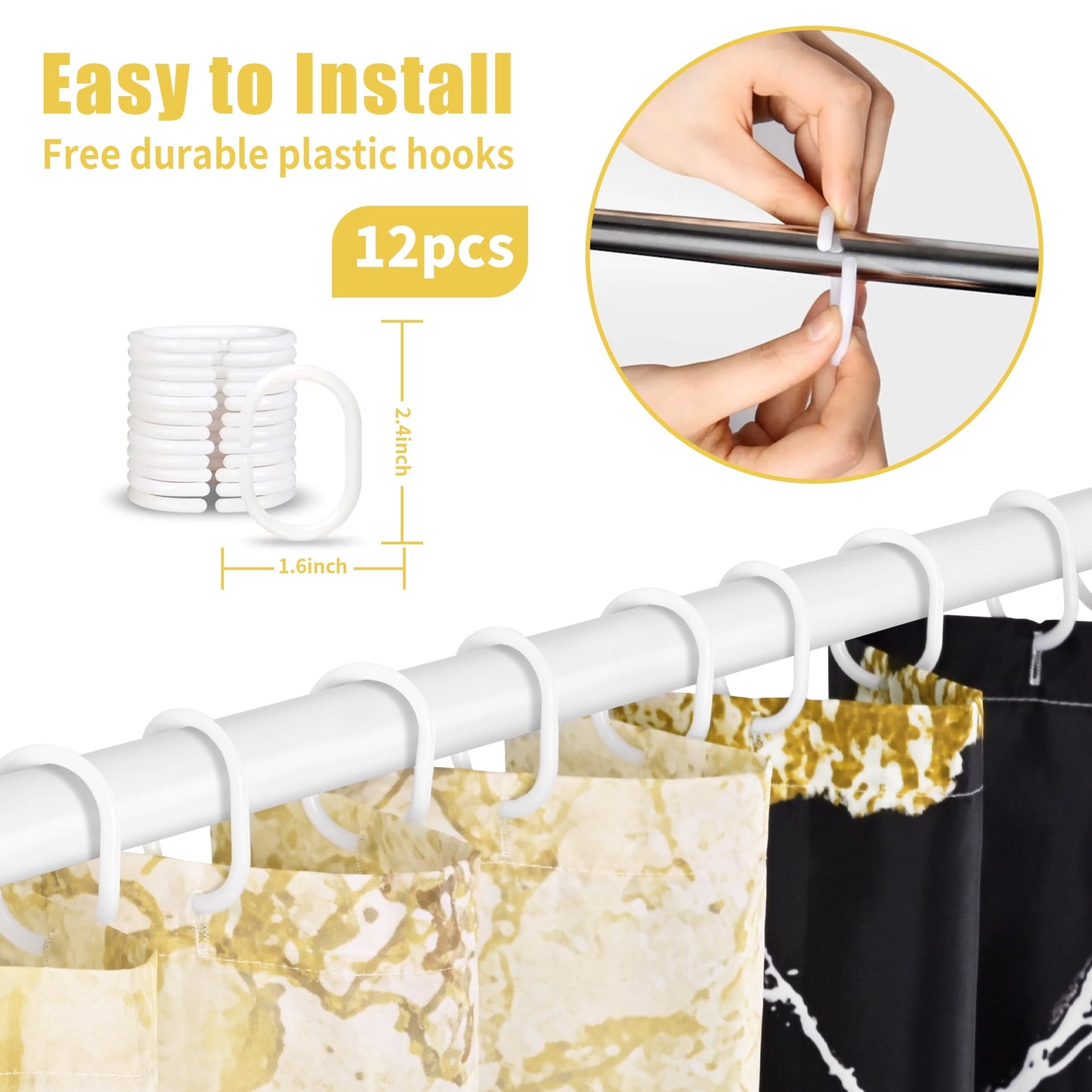 Ikfashoni Marble Shower Curtain with Hooks, 13pc Waterproof Fabric Bath Curtain, 72"X72"