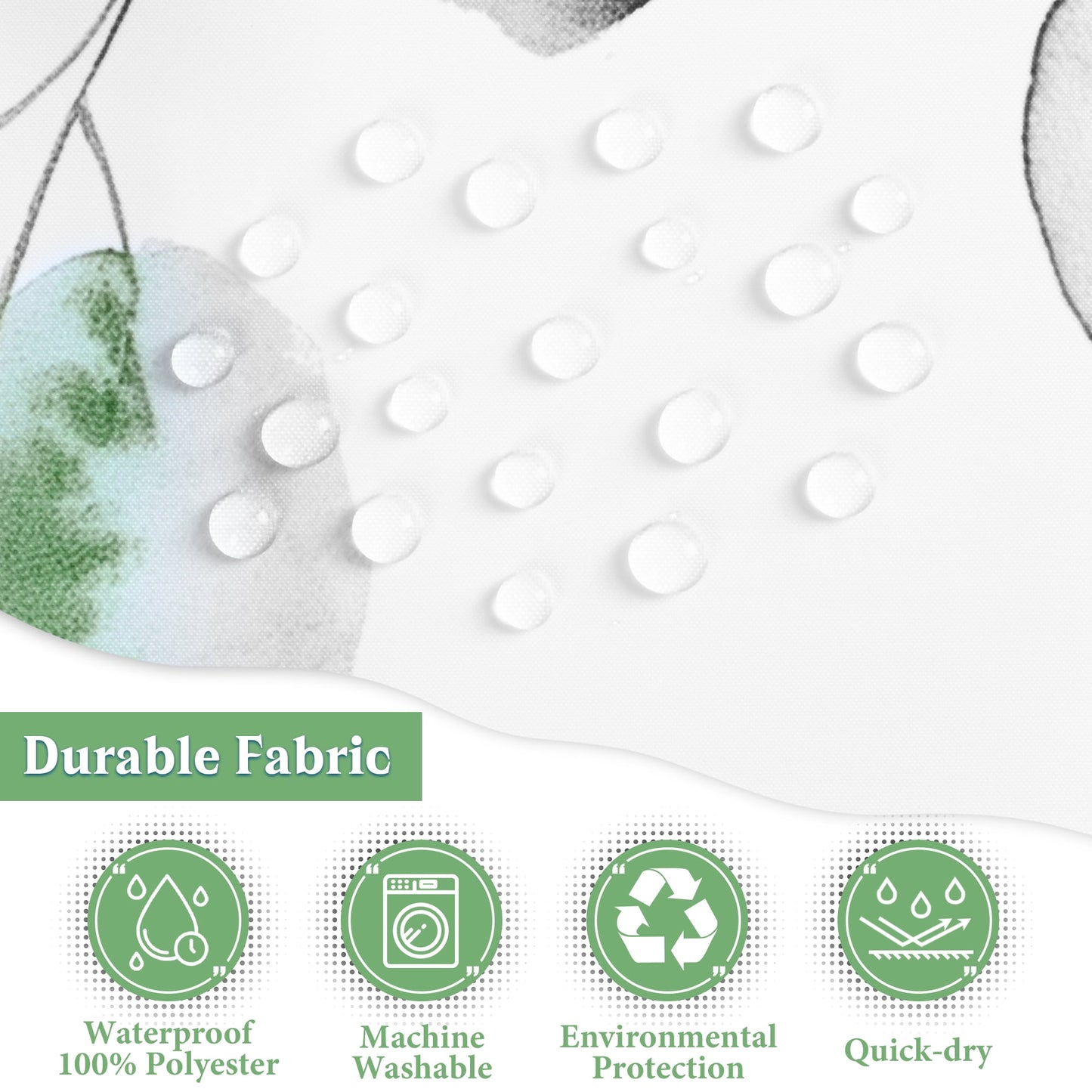 Ikfashoni Green Leaves Shower Curtain with Hooks,13pc Waterproof Fabric Bath Curtain, 72"X72"
