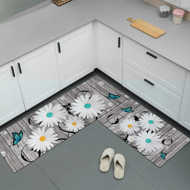 Waipfaru White Daisy Kitchen Rugs Set of Waipfaru 2 Floral Runner Kitchen Rugs and Mats Anti Fatigue Kitchen Floor Mat, 17" x 48" + 17" x 30"