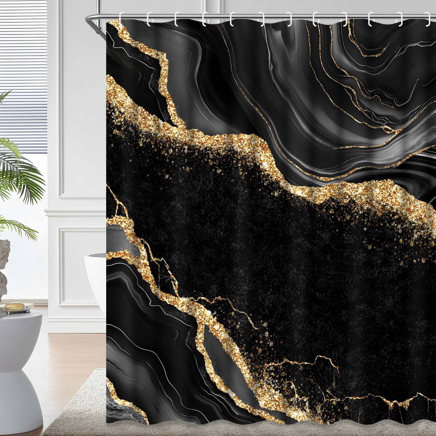 Ikfashoni Black Marble Shower Curtain with Hooks,13pc Waterproof Fabric Bathroom Curtain, 72"X72"