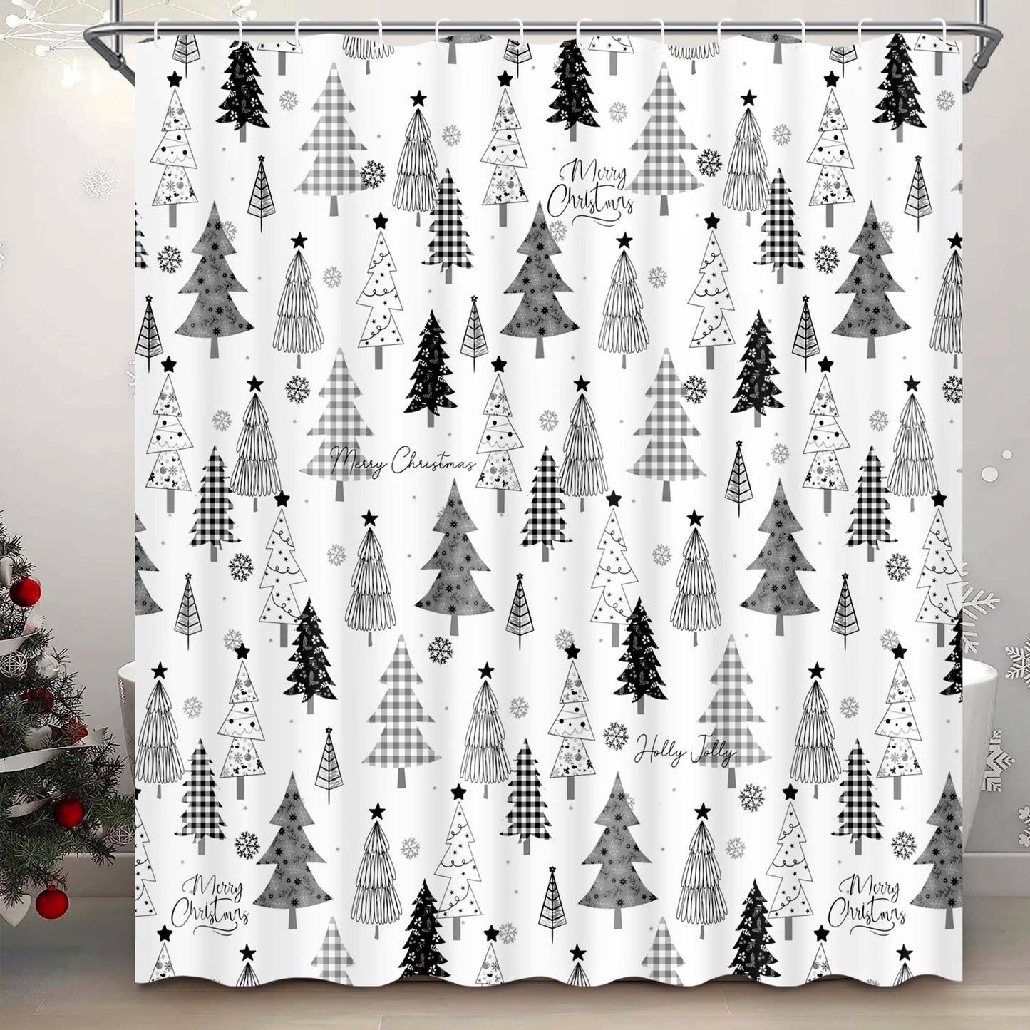Ikfashoni Christmas Tree Shower Curtain with Hooks, Gray Waterproof Bathroom Curtains, 72"X72"