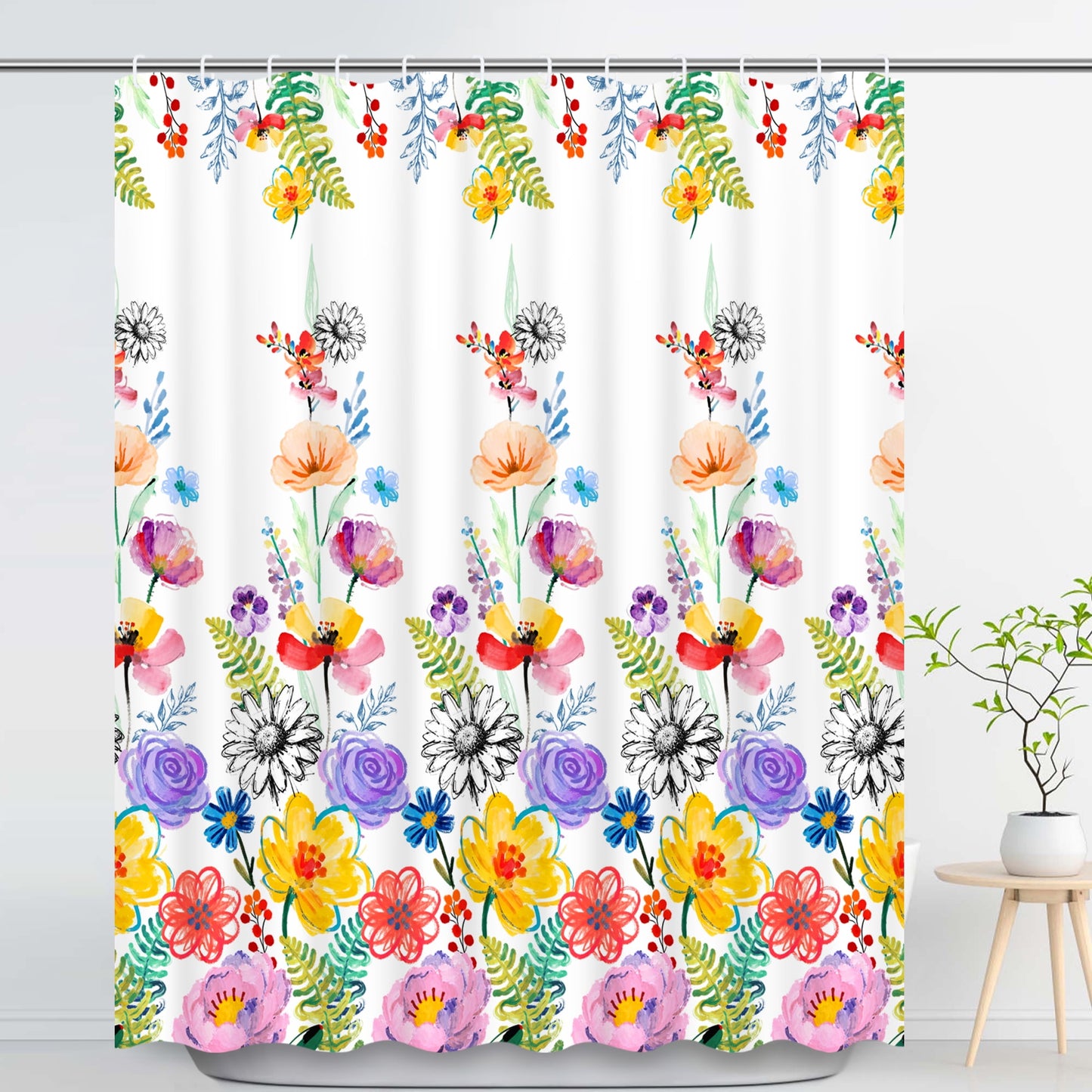 Ikfashoni Colorful flower Shower Curtain with Hooks,13pc Spring Waterproof Fabric Bathroom Curtain, 72"X72"