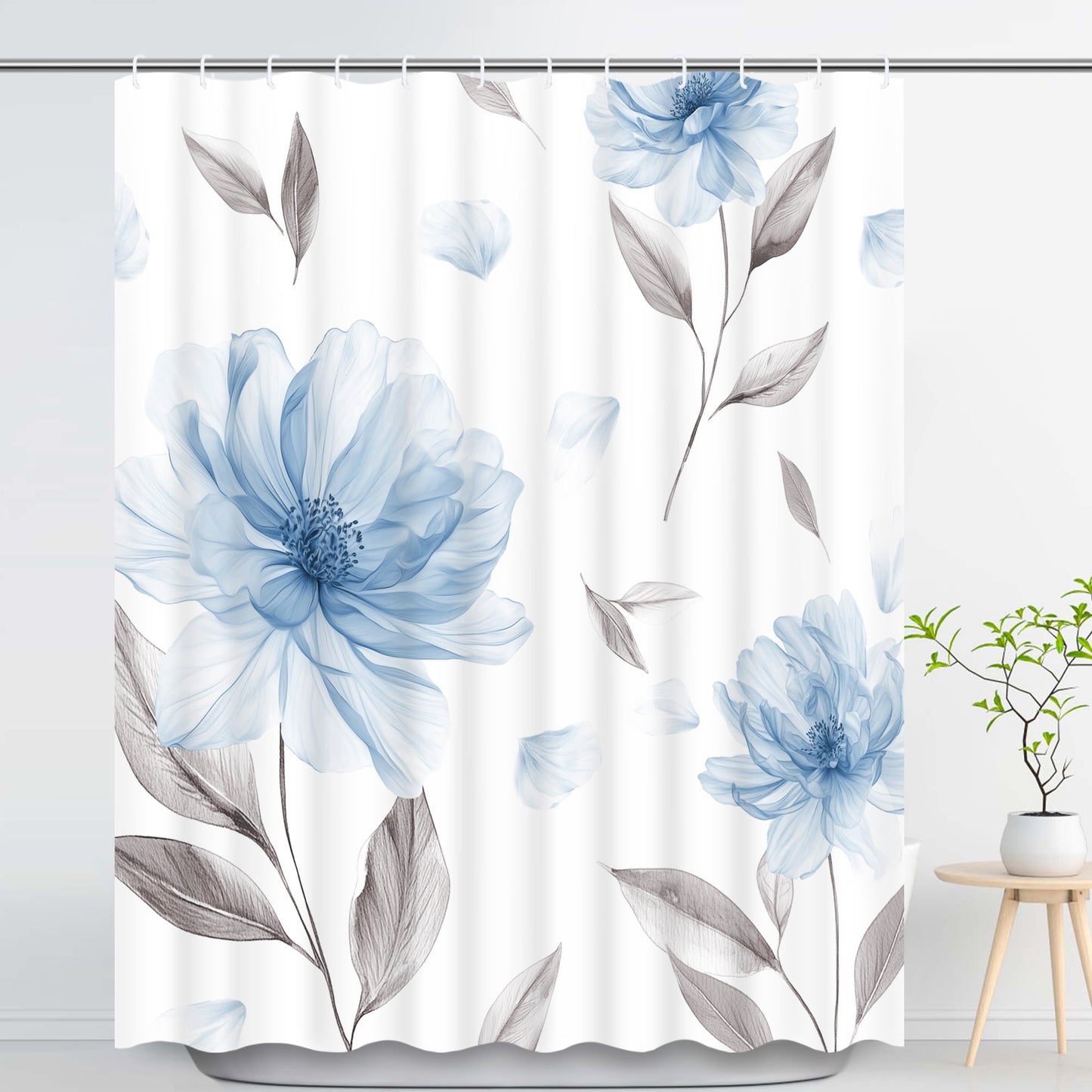 Ikfashoni Blue Flower Shower Curtain with Hooks,13pc Watercolor Waterproof Fabric Bathroom Curtain, 72"X72"