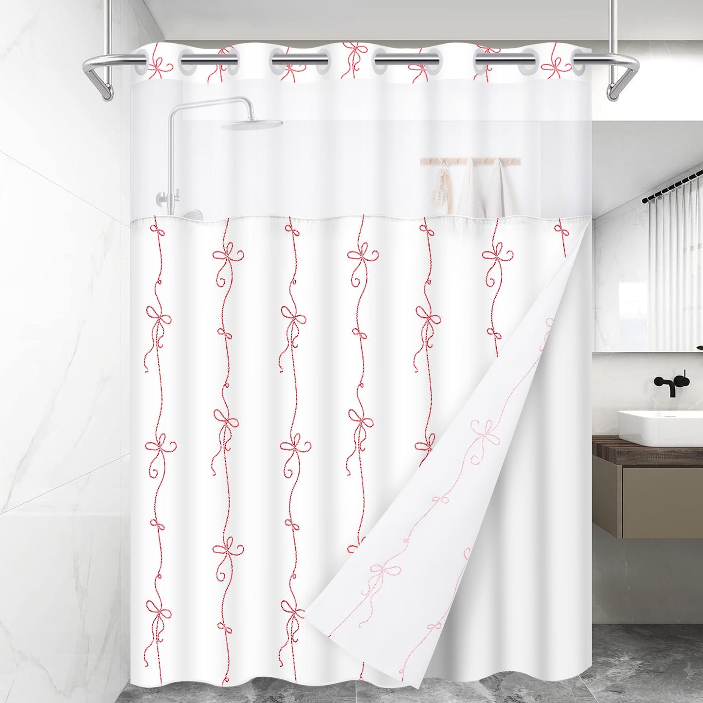 Ikfashoni No Hook Shower Curtain with Snap in Liner, Red Bow Hookless Waterproof Bath Curtain, 71"X74"