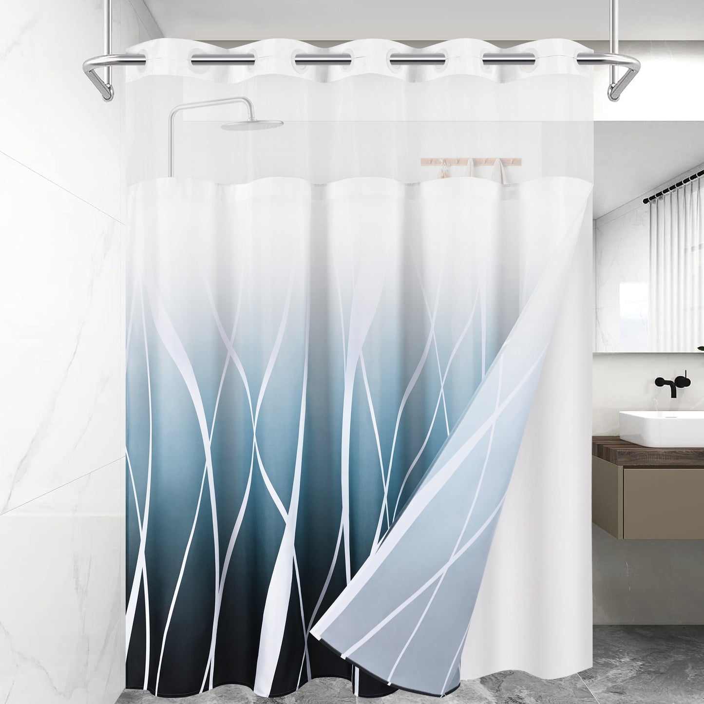 Ikfashoni No Hook Shower Curtain with Snap in Liner, Navy Strip Ombre Hookless Waterproof Bath Curtain, 71"X74"