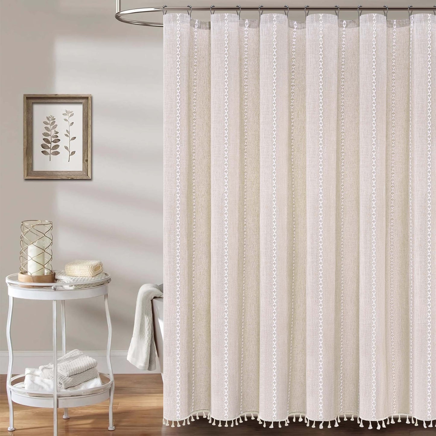 Ikfashoni No Hook Shower Curtain with Snap in Liner,Cotton Linen Fabric Hookless Waterproof Bath Curtain, 71"X74"