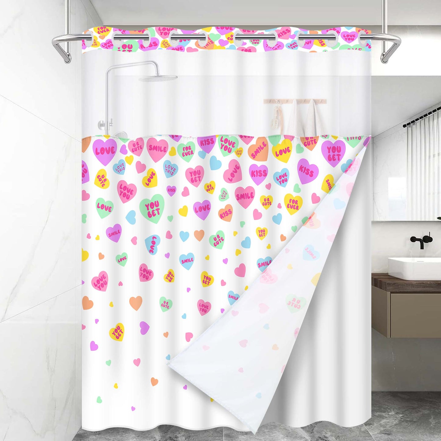 Ikfashoni Hookless Shower Curtain with Snap in Liner, Pink No Hook Waterproof Fabric Sheer Window Bath Curtain, 71"X74"