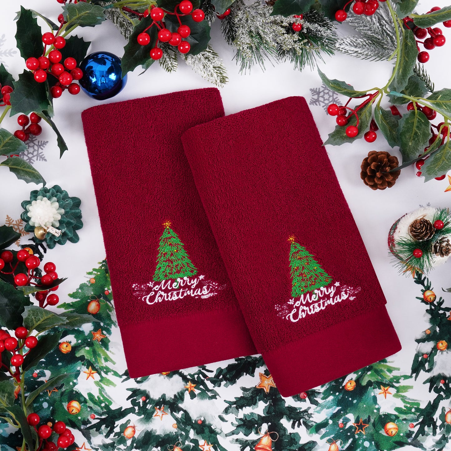 Ikfashoni 2 Pack Christmas Hand Towel for Bathroom,Embroidered Christmas Tree Red Scroll Cotton Towels