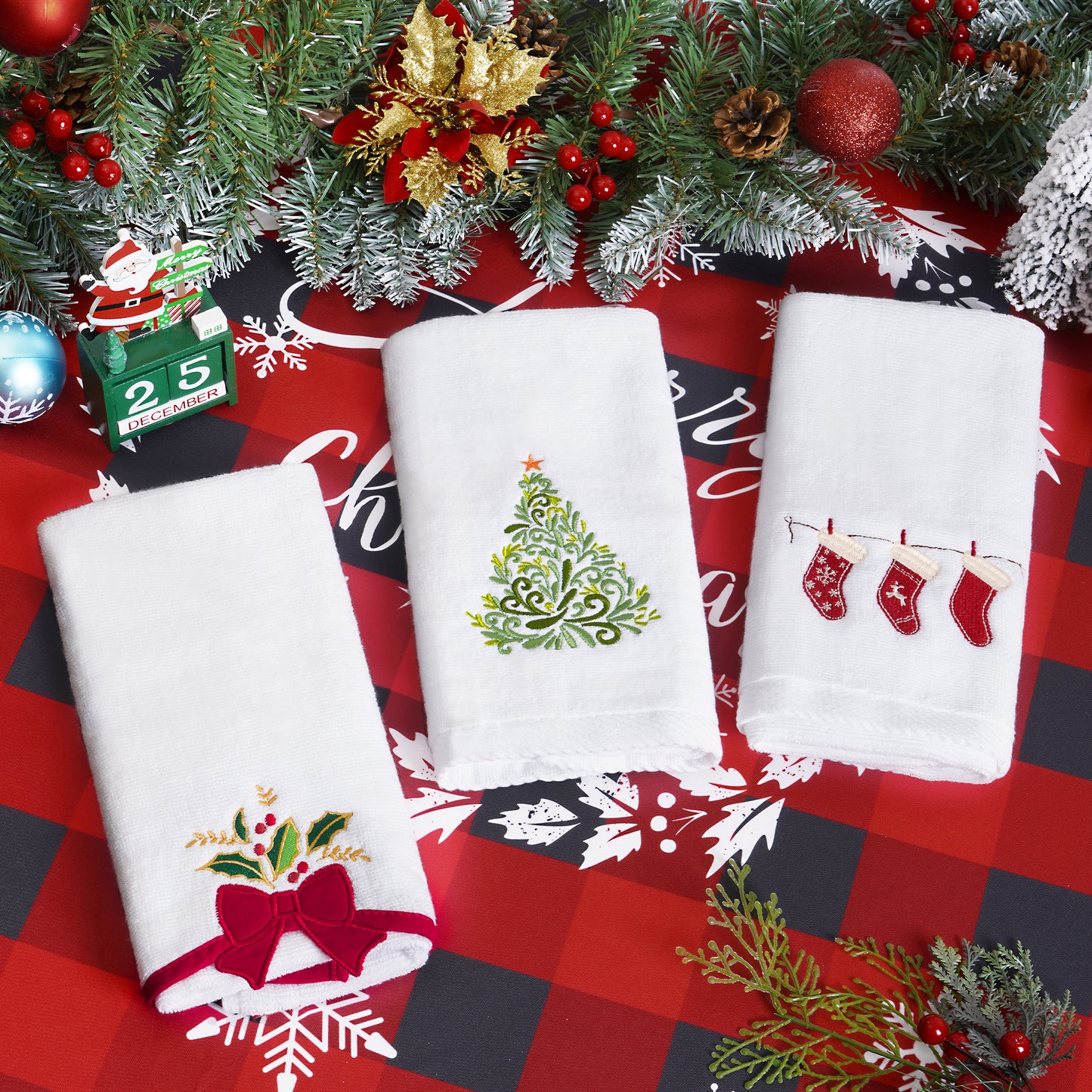 Ikfashoni 2 Pack Christmas Hand Towel for Bathroom,Embroidered Christmas Tree Red Scroll Cotton Towels