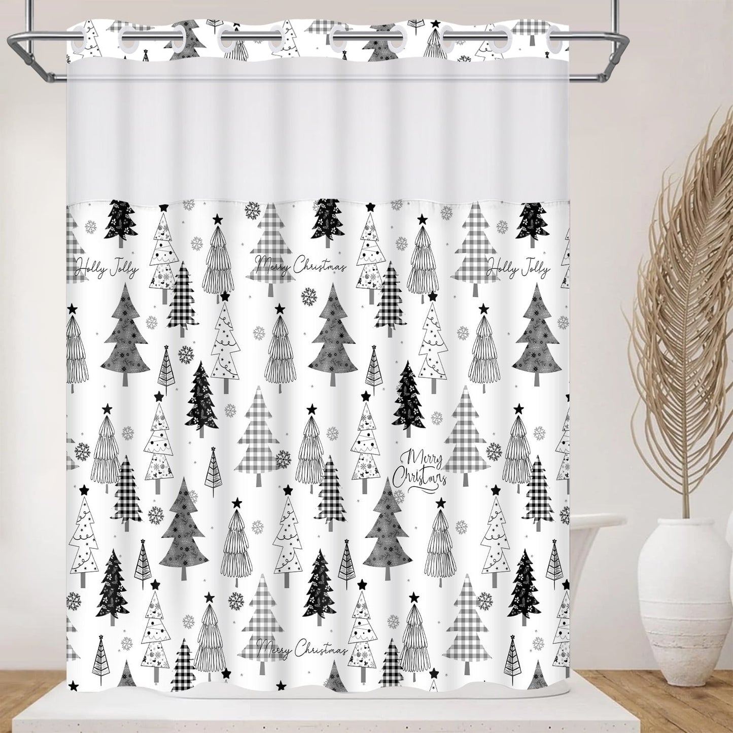 Ikfashoni Christmas Shower Curtain with Snap in Liner,Gray Christmas Tree Hookless Bathroom Curtain,71"X74"