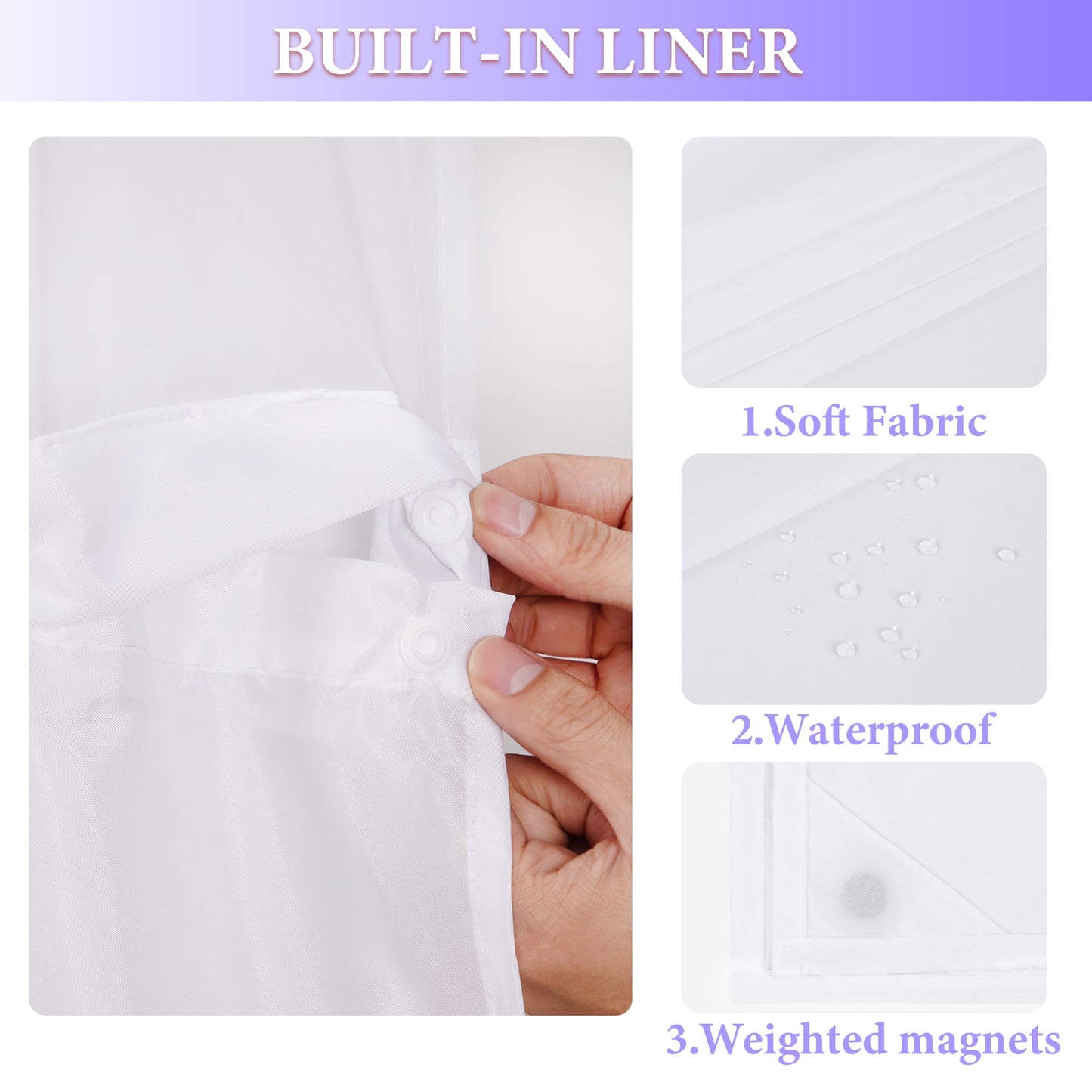 Ikfashoni No Hook Shower Curtain with Snap in Liner, Purple Bow Hookless Waterproof Bath Curtain, 71"X74"