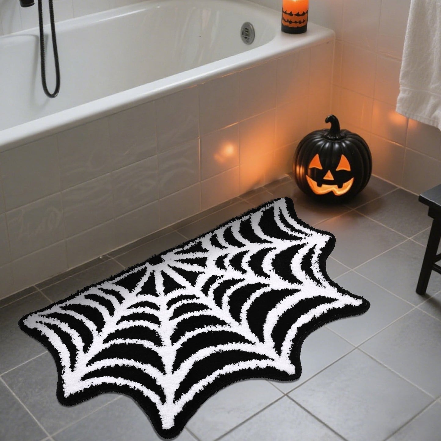 Ikfashoni Halloween Bathroom Rug,Black Cobweb Bath Mat,Extra Soft Fluffy Absorbent Non-slip Bath Rug,20"x31"