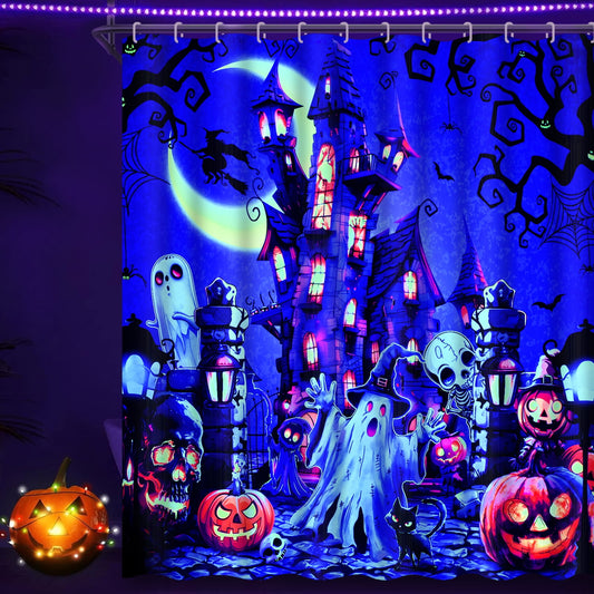 Ikfashoni Blacklight Halloween Shower Curtain, Purple Ghost Castle Waterproof Fabric Bathroom Decor, 69"X70"