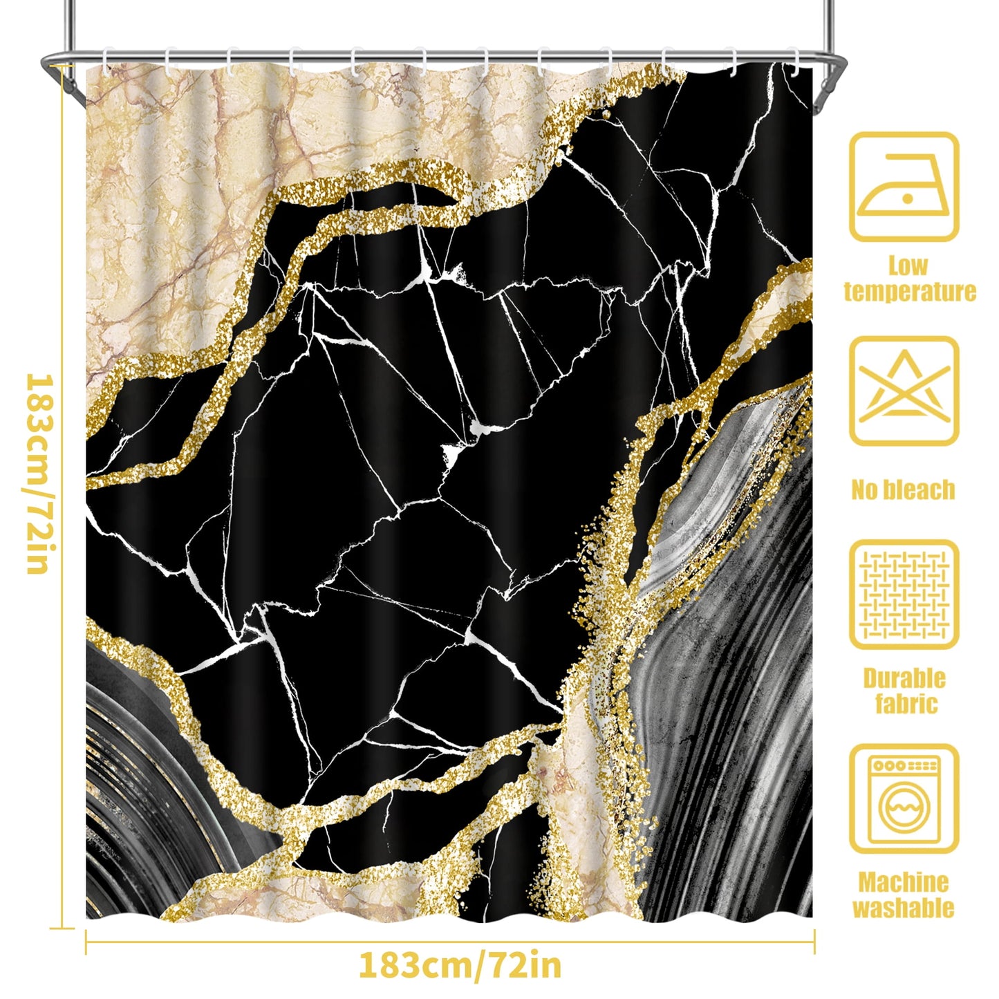 Ikfashoni Marble Shower Curtain with Hooks, 13pc Waterproof Fabric Bath Curtain, 72"X72"