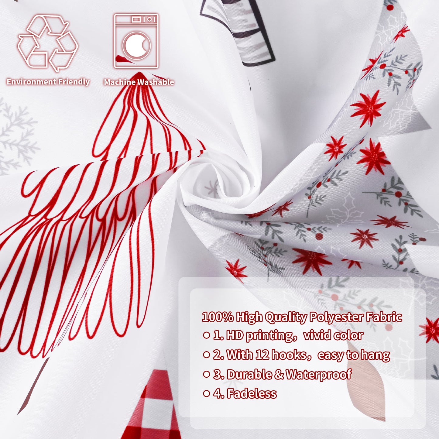 Ikfashoni Christmas Tree Shower Curtain with Hooks, Red Waterproof Bathroom Curtains, 72"X72"