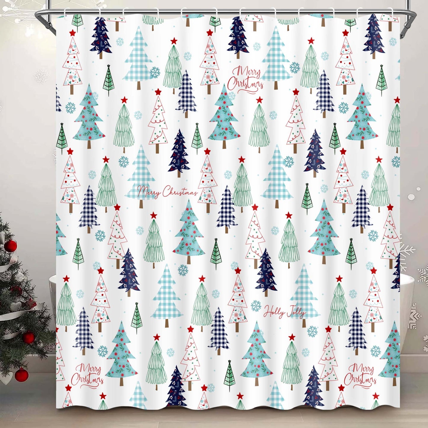 Ikfashoni Christmas Tree Shower Curtain with Hooks, Green Waterproof Bathroom Curtains, 72"X72"
