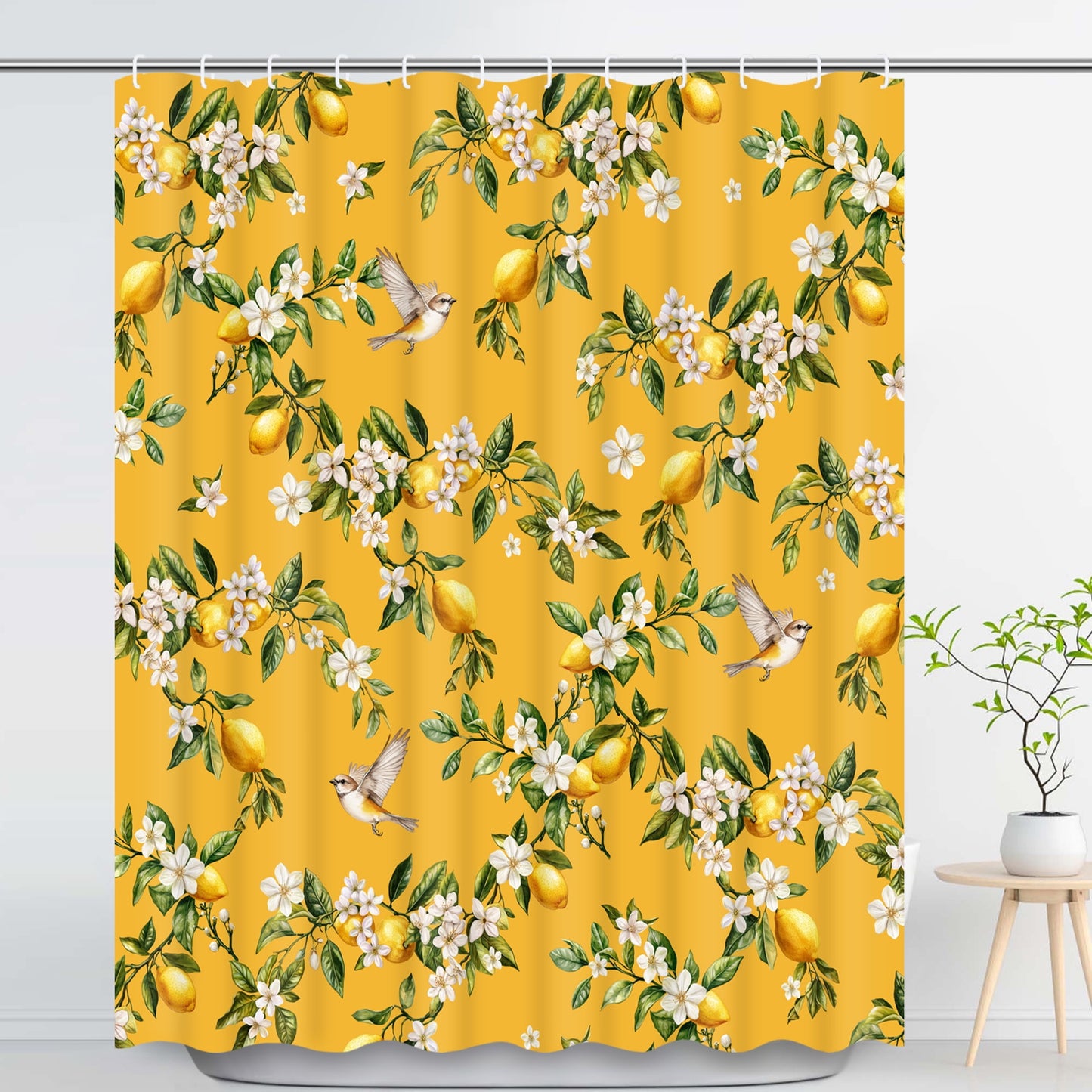 Ikfashoni Yellow Lemon Bird Shower Curtain with Hooks,13pc Waterproof Fabric Bathroom Curtain, 72"X72"