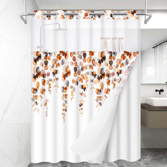 Ikfashoni Hookless Shower Curtain with Snap in Liner, Orange Eucalyptus No Hook Waterproof Bath Curtain, 71"X74"