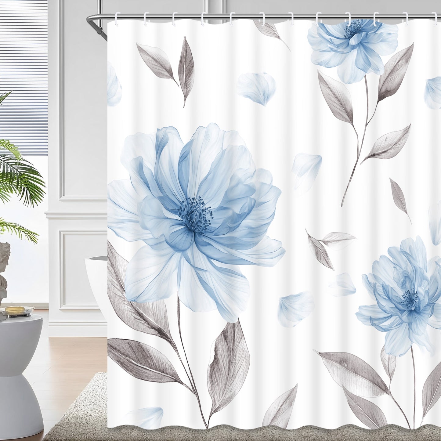 Ikfashoni Blue Flower Shower Curtain with Hooks,13pc Watercolor Waterproof Fabric Bathroom Curtain, 72"X72"