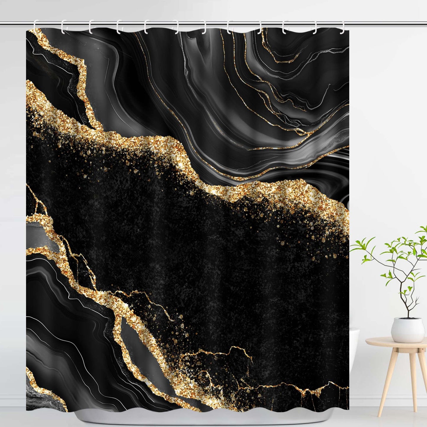 Ikfashoni Black Marble Shower Curtain with Hooks,13pc Waterproof Fabric Bathroom Curtain, 72"X72"