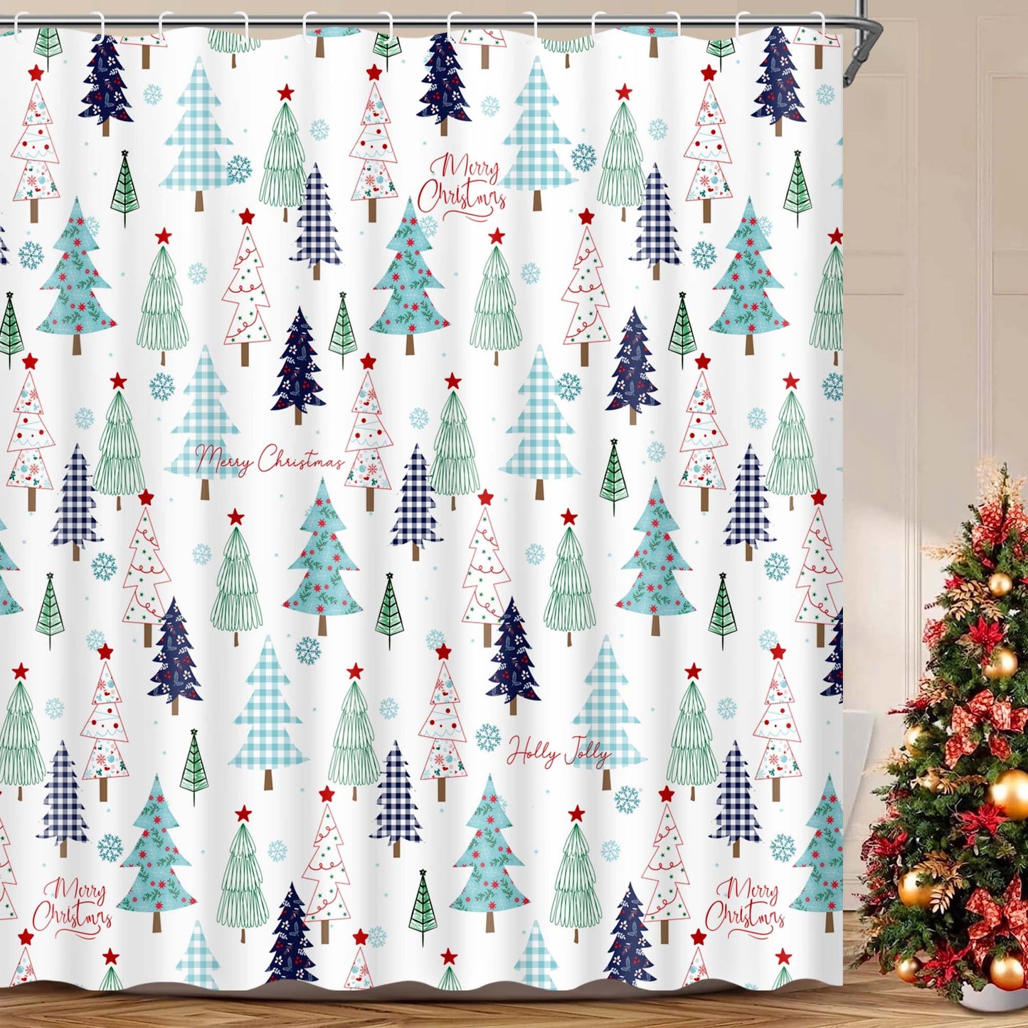 Ikfashoni Christmas Tree Shower Curtain with Hooks, Green Waterproof Bathroom Curtains, 72"X72"