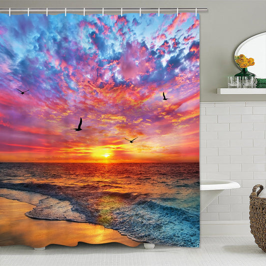 Ikfashoni Ocean Beach Sunset Shower Curtain, Waterproof Tropical Coastal Bathroom Shower Curtains, 70"X69"