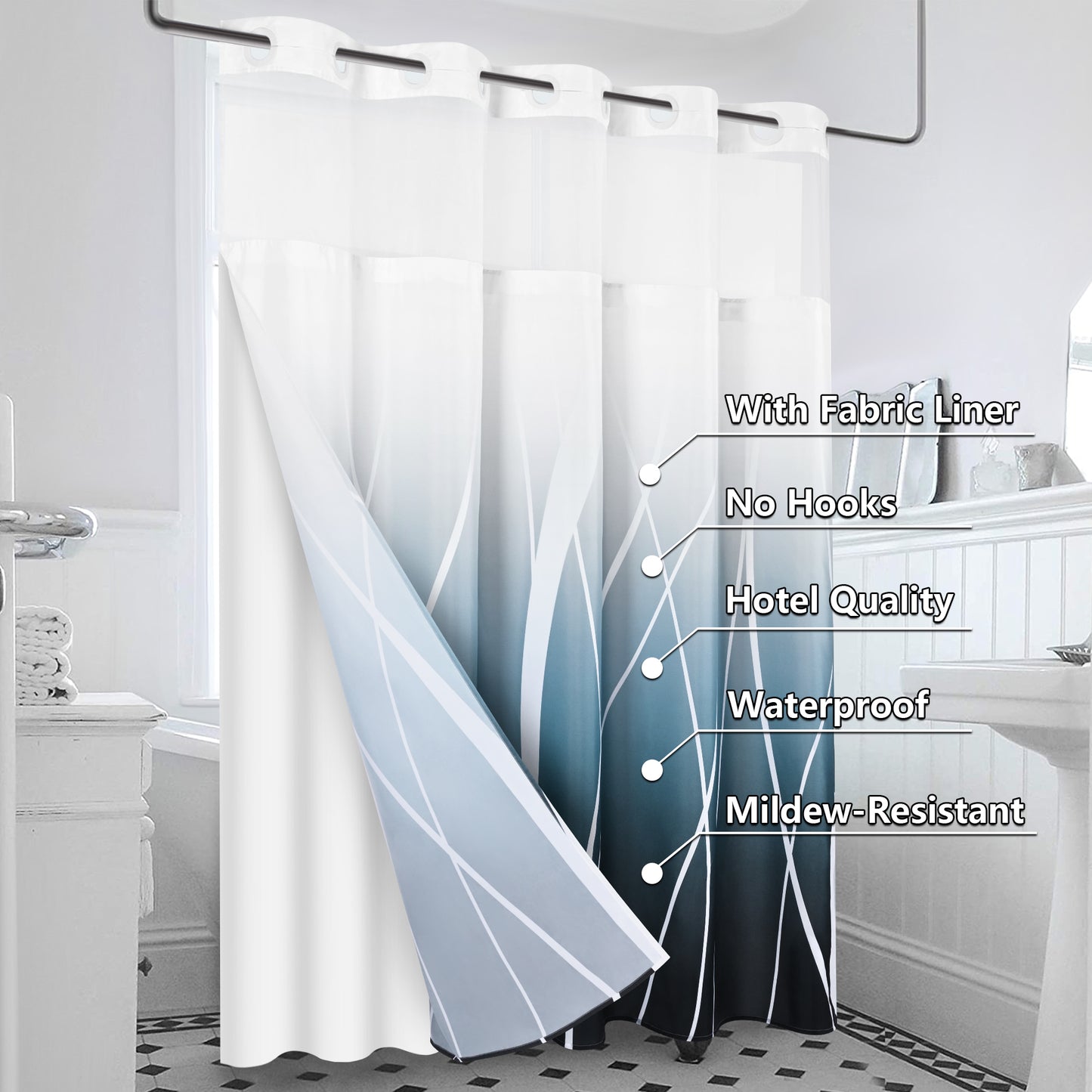 Ikfashoni No Hook Shower Curtain with Snap in Liner, Navy Strip Ombre Hookless Waterproof Bath Curtain, 71"X74"