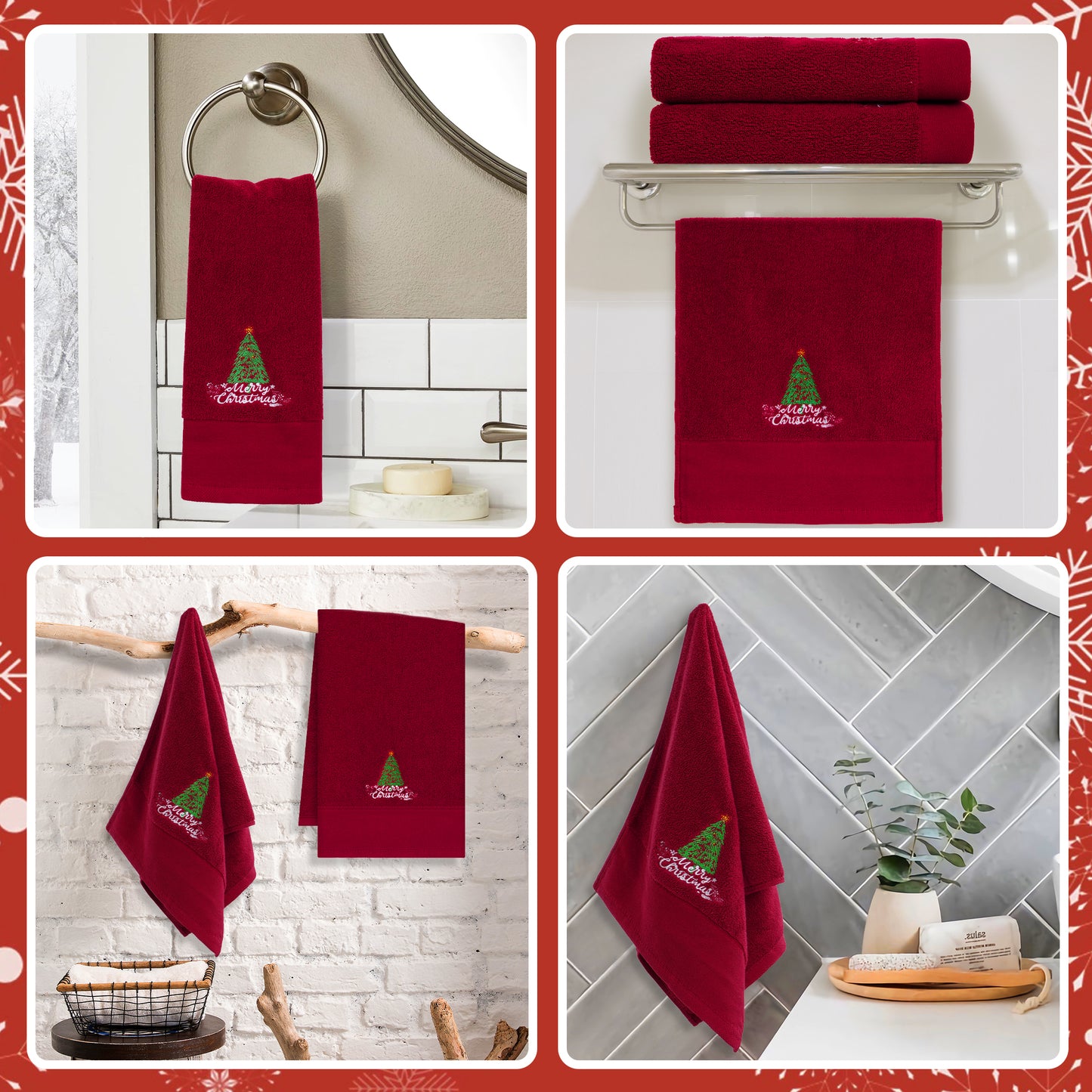 Ikfashoni 2 Pack Christmas Hand Towel for Bathroom,Embroidered Christmas Tree Red Scroll Cotton Towels