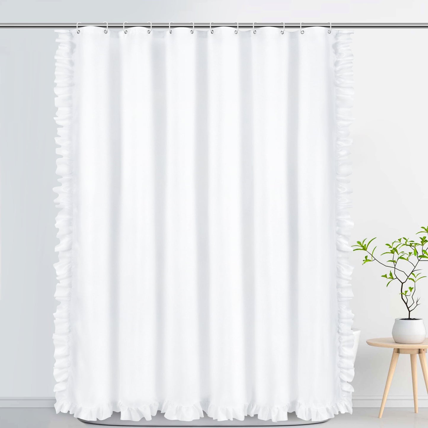 Ikfashoni White Shower Curtain with Ruffle Edge,Boho Waterproof Fabric Bathroom Curtain