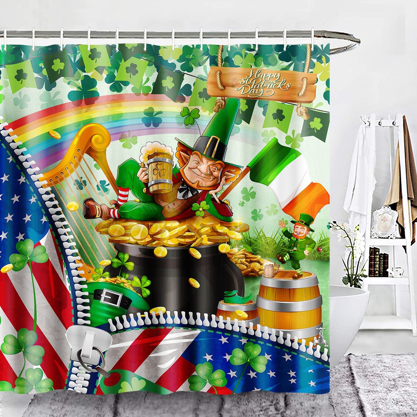 Ikfashoni Green Shower Curtain, Spring Shamrock Waterproof Bath Curtains, 70"X69"