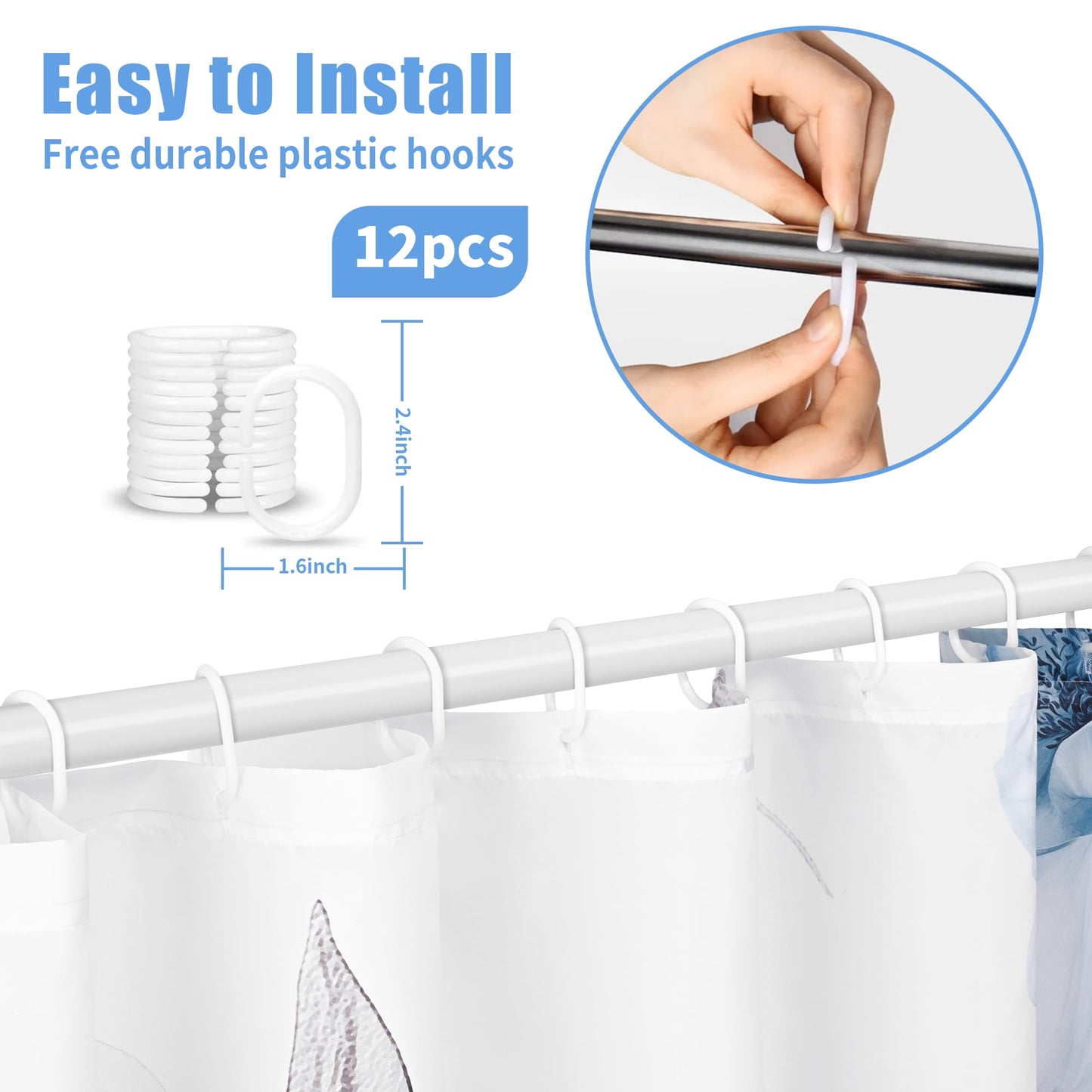 Ikfashoni Blue Flower Shower Curtain with Hooks,13pc Watercolor Waterproof Fabric Bathroom Curtain, 72"X72"