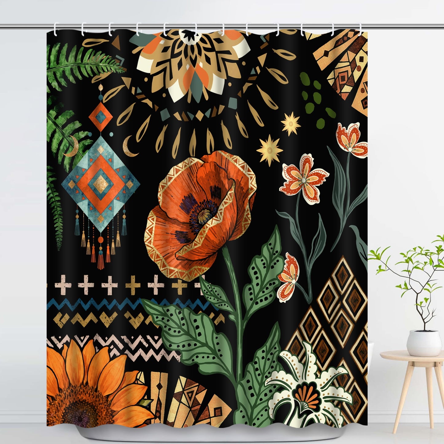 Ikfashoni Boho Flower Shower Curtain with Hooks,13pc Black Waterproof Fabric Bathroom Curtain, 72"X72"