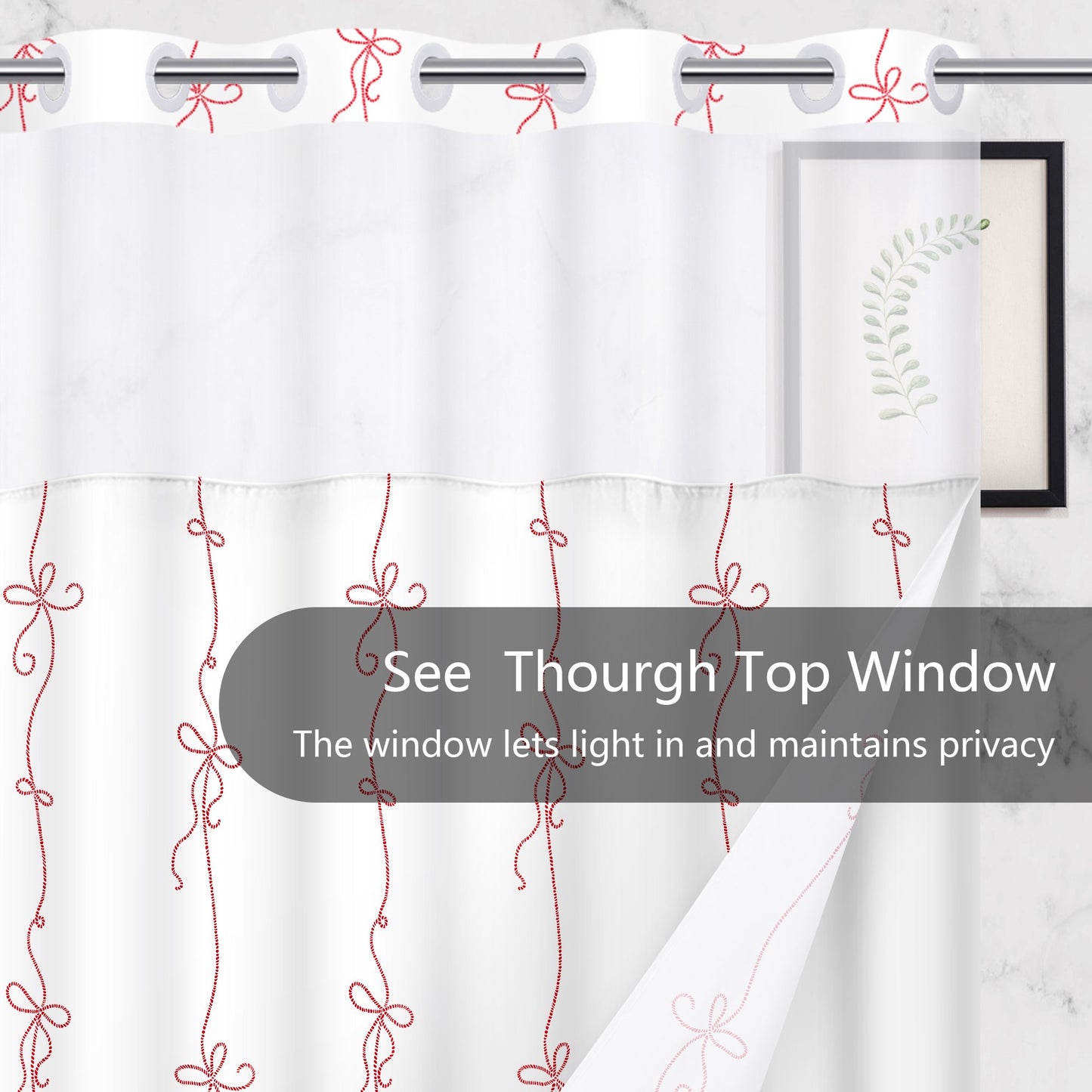Ikfashoni No Hook Shower Curtain with Snap in Liner, Red Bow Hookless Waterproof Bath Curtain, 71"X74"