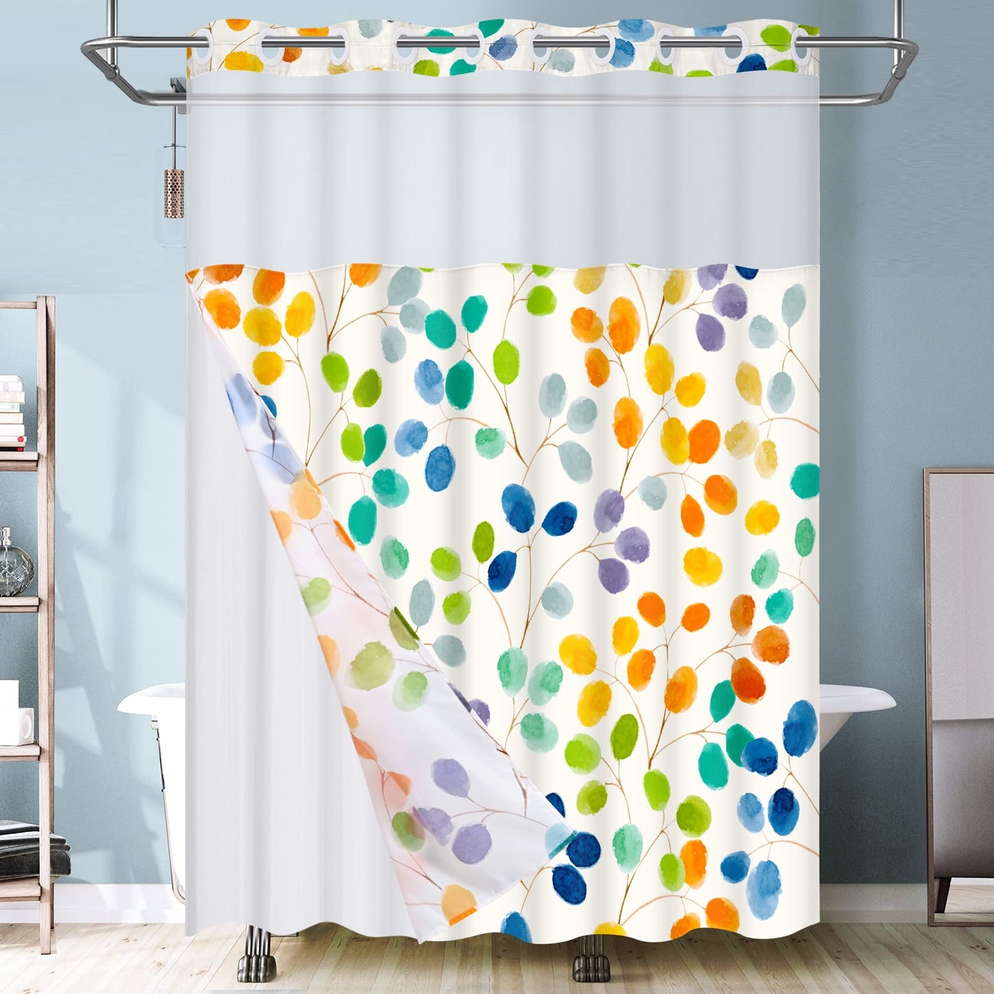 Ikfashoni No Hook Fabric Shower Curtain with Snap in Liner,  See Through Window Waterproof  Hookless Shower Curtain Set, 71"X74"