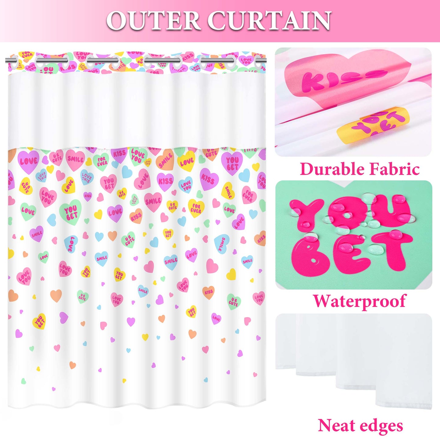 Ikfashoni Hookless Shower Curtain with Snap in Liner, Pink No Hook Waterproof Fabric Sheer Window Bath Curtain, 71"X74"